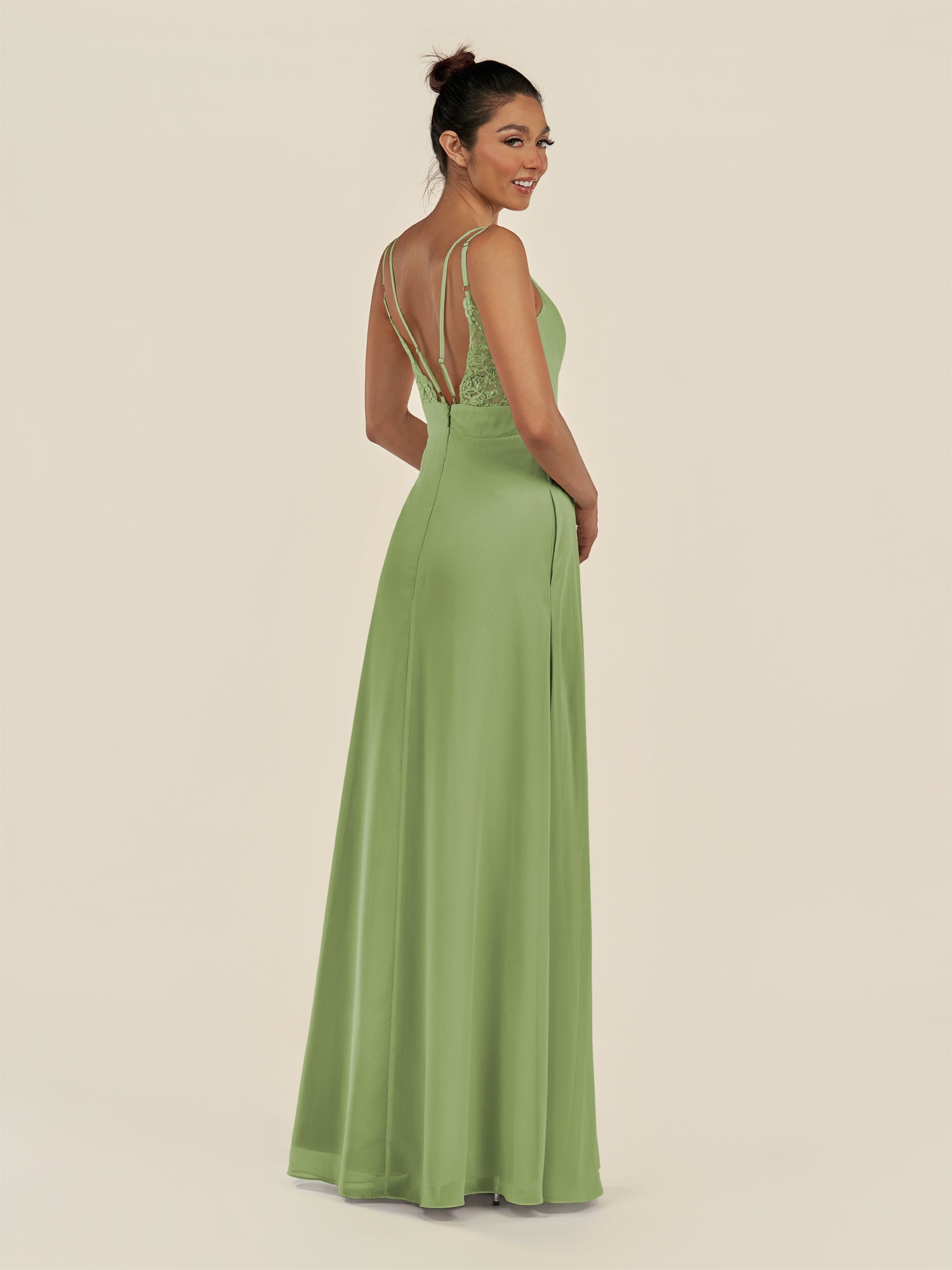 KissDress-Zyria Matcha A Line Chiffon V Neck Ruched Long Bridesmaid Dress with Slit