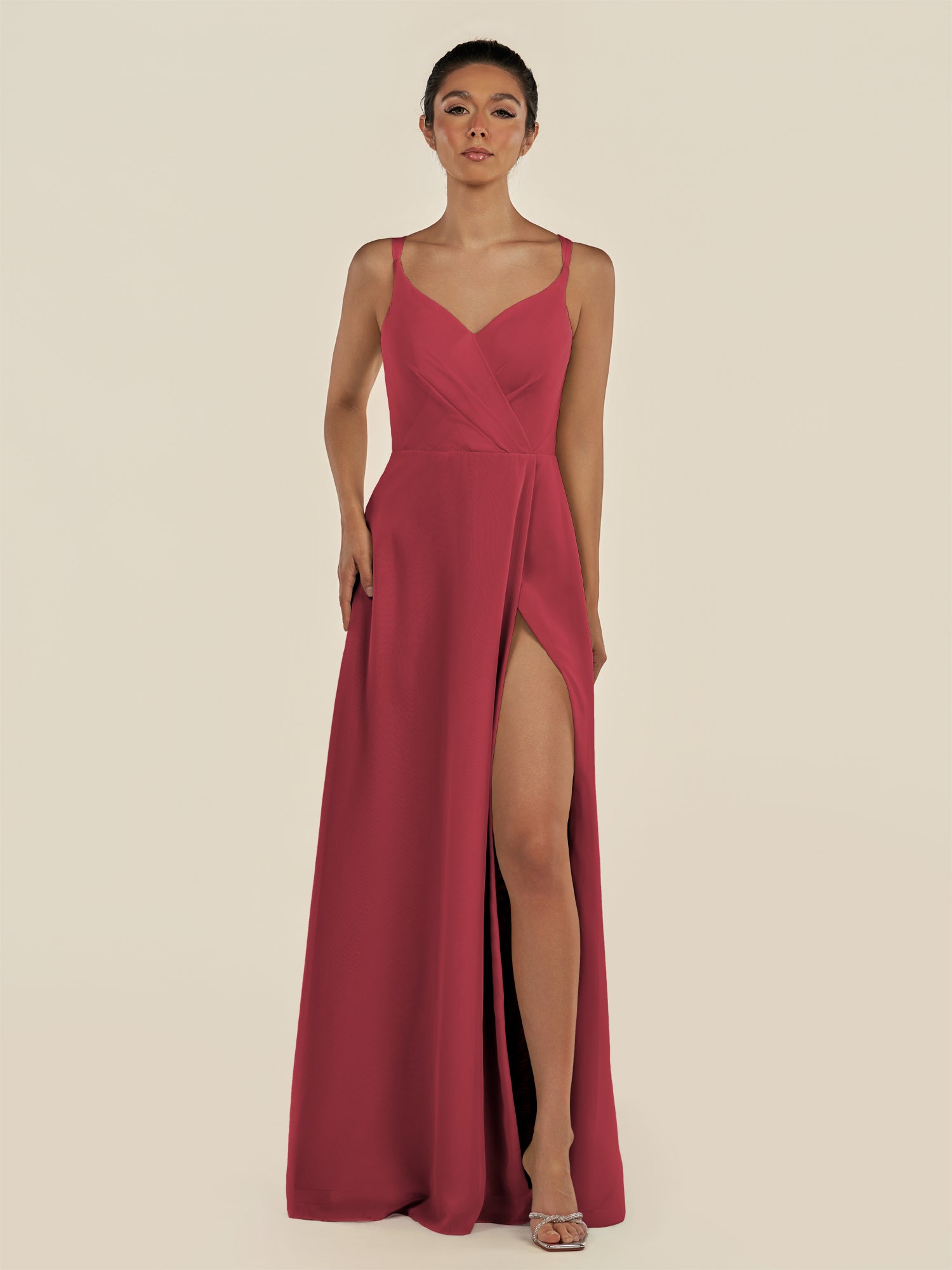 KissDress-Zyria Merlot A Line Chiffon V Neck Ruched Long Bridesmaid Dress with Slit