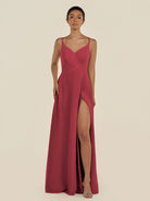 KissDress-Zyria Merlot A Line Chiffon V Neck Ruched Long Bridesmaid Dress with Slit