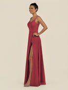 KissDress-Zyria Merlot A Line Chiffon V Neck Ruched Long Bridesmaid Dress with Slit
