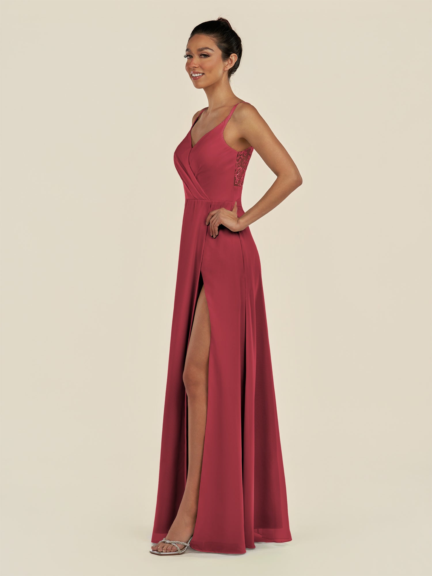 KissDress-Zyria Merlot A Line Chiffon V Neck Ruched Long Bridesmaid Dress with Slit