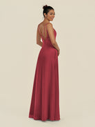 KissDress-Zyria Merlot A Line Chiffon V Neck Ruched Long Bridesmaid Dress with Slit