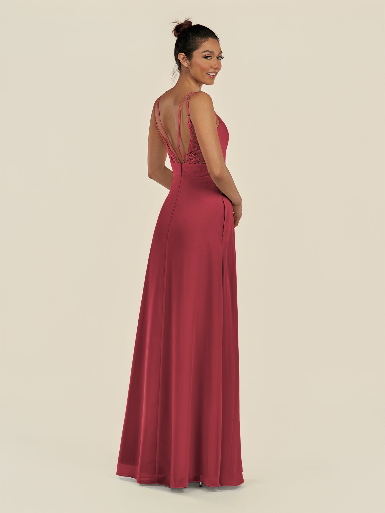 KissDress-Zyria Merlot A Line Chiffon V Neck Ruched Long Bridesmaid Dress with Slit