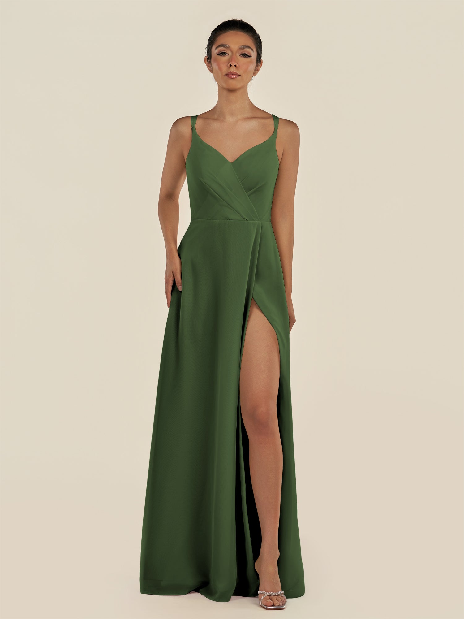 KissDress-Zyria Moss A Line Chiffon V Neck Ruched Long Bridesmaid Dress with Slit