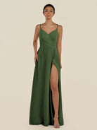 KissDress-Zyria Moss A Line Chiffon V Neck Ruched Long Bridesmaid Dress with Slit