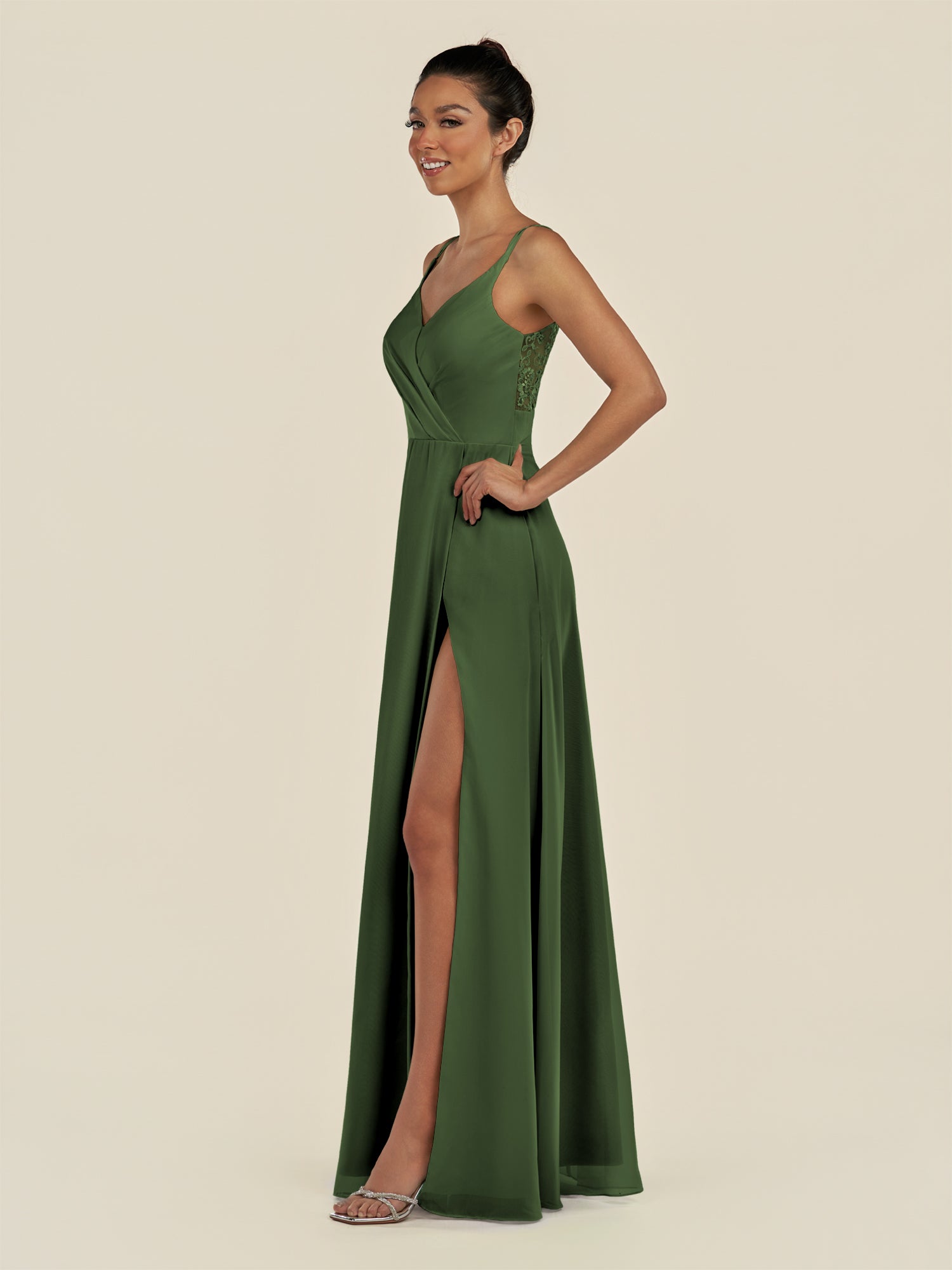 KissDress-Zyria Moss A Line Chiffon V Neck Ruched Long Bridesmaid Dress with Slit