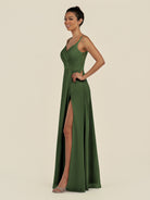 KissDress-Zyria Moss A Line Chiffon V Neck Ruched Long Bridesmaid Dress with Slit