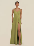 KissDress-Zyria Moss Green A Line Chiffon V Neck Ruched Long Bridesmaid Dress with Slit