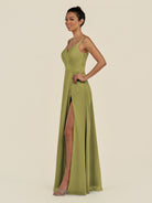 KissDress-Zyria Moss Green A Line Chiffon V Neck Ruched Long Bridesmaid Dress with Slit
