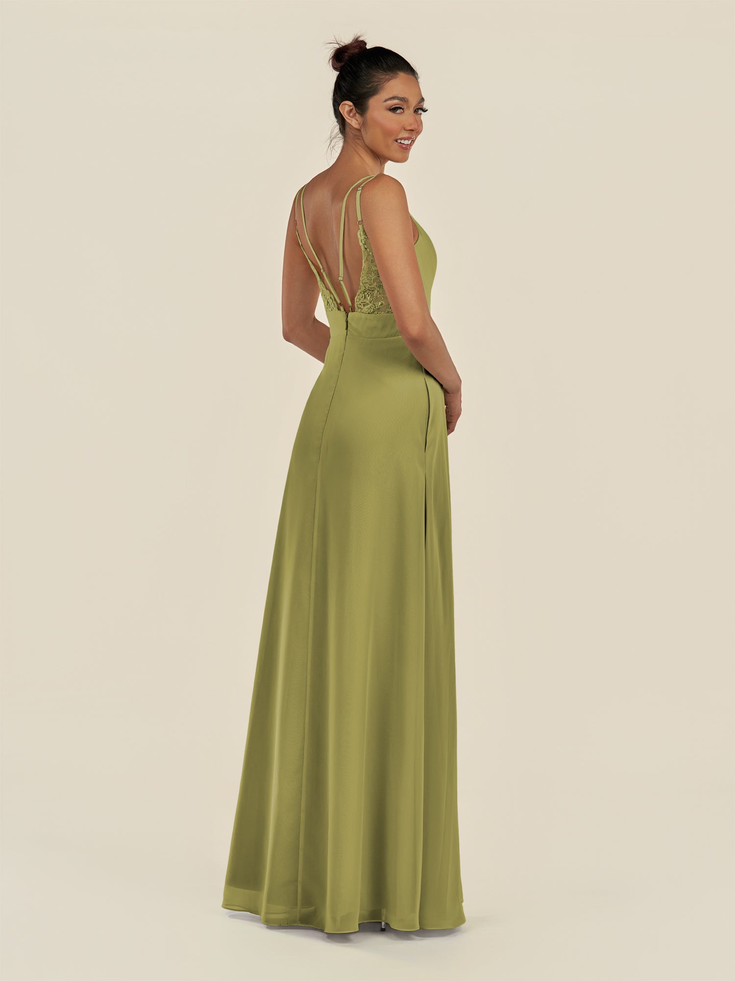 KissDress-Zyria Moss Green A Line Chiffon V Neck Ruched Long Bridesmaid Dress with Slit