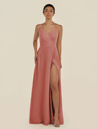 KissDress-Zyria Mulberry A Line Chiffon V Neck Ruched Long Bridesmaid Dress with Slit