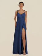 KissDress-Zyria Navy A Line Chiffon V Neck Ruched Long Bridesmaid Dress with Slit