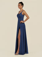 KissDress-Zyria Navy A Line Chiffon V Neck Ruched Long Bridesmaid Dress with Slit
