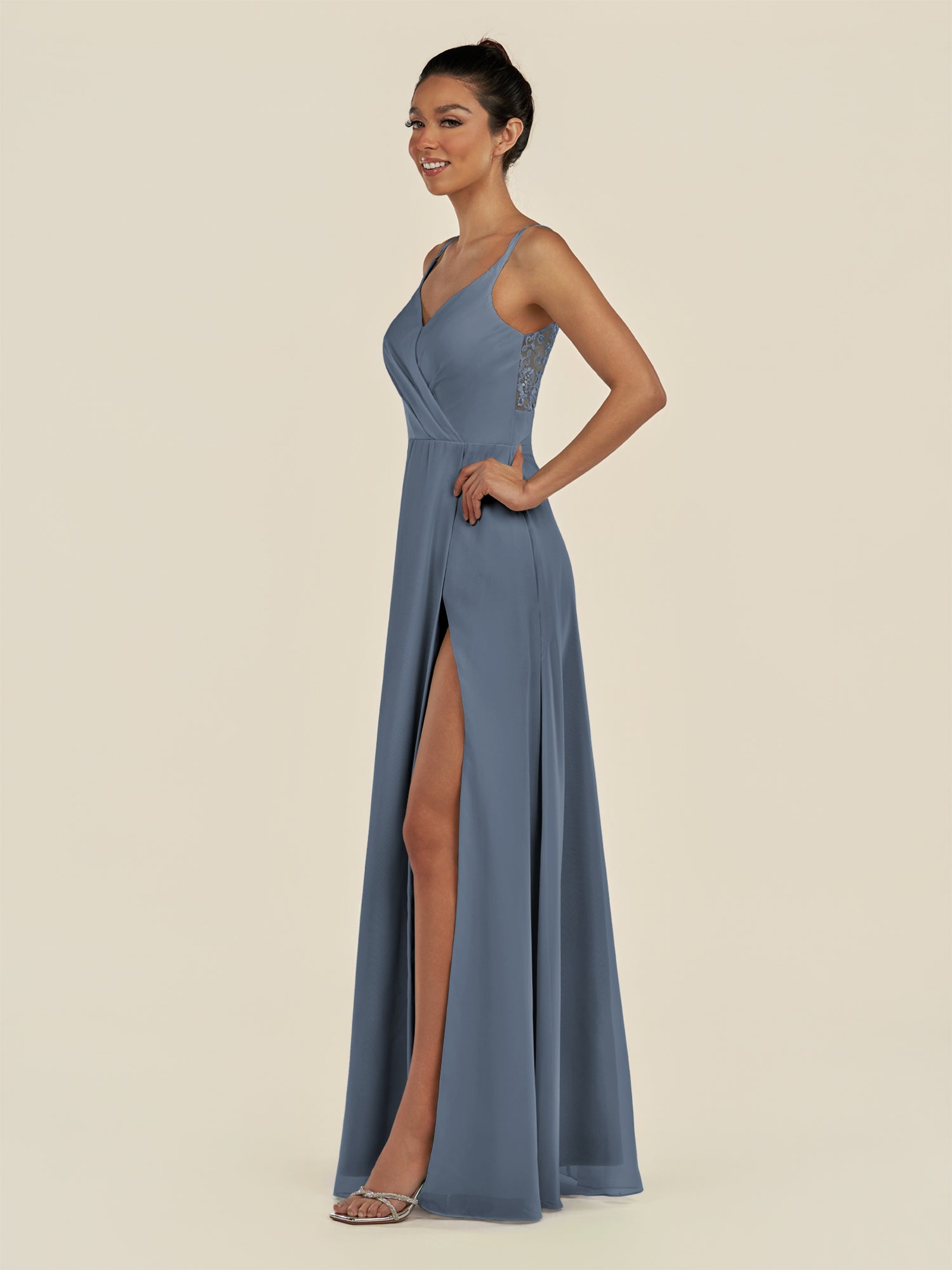 KissDress-Zyria Neptune A Line Chiffon V Neck Ruched Long Bridesmaid Dress with Slit