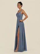 KissDress-Zyria Neptune A Line Chiffon V Neck Ruched Long Bridesmaid Dress with Slit