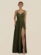 KissDress-Zyria Olive A Line Chiffon V Neck Ruched Long Bridesmaid Dress with Slit
