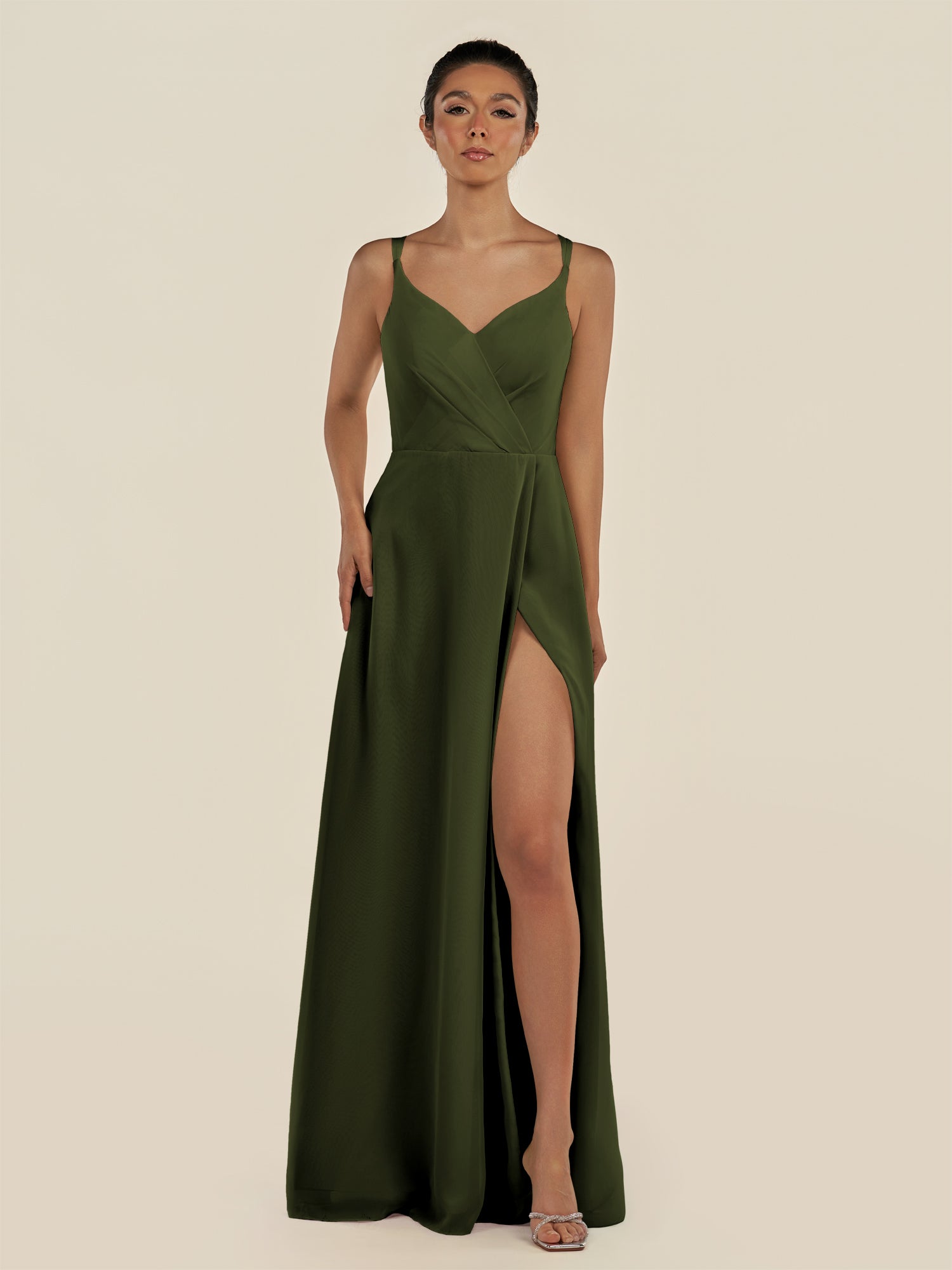 KissDress-Zyria Olive A Line Chiffon V Neck Ruched Long Bridesmaid Dress with Slit