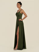 KissDress-Zyria Olive A Line Chiffon V Neck Ruched Long Bridesmaid Dress with Slit
