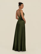 KissDress-Zyria Olive A Line Chiffon V Neck Ruched Long Bridesmaid Dress with Slit