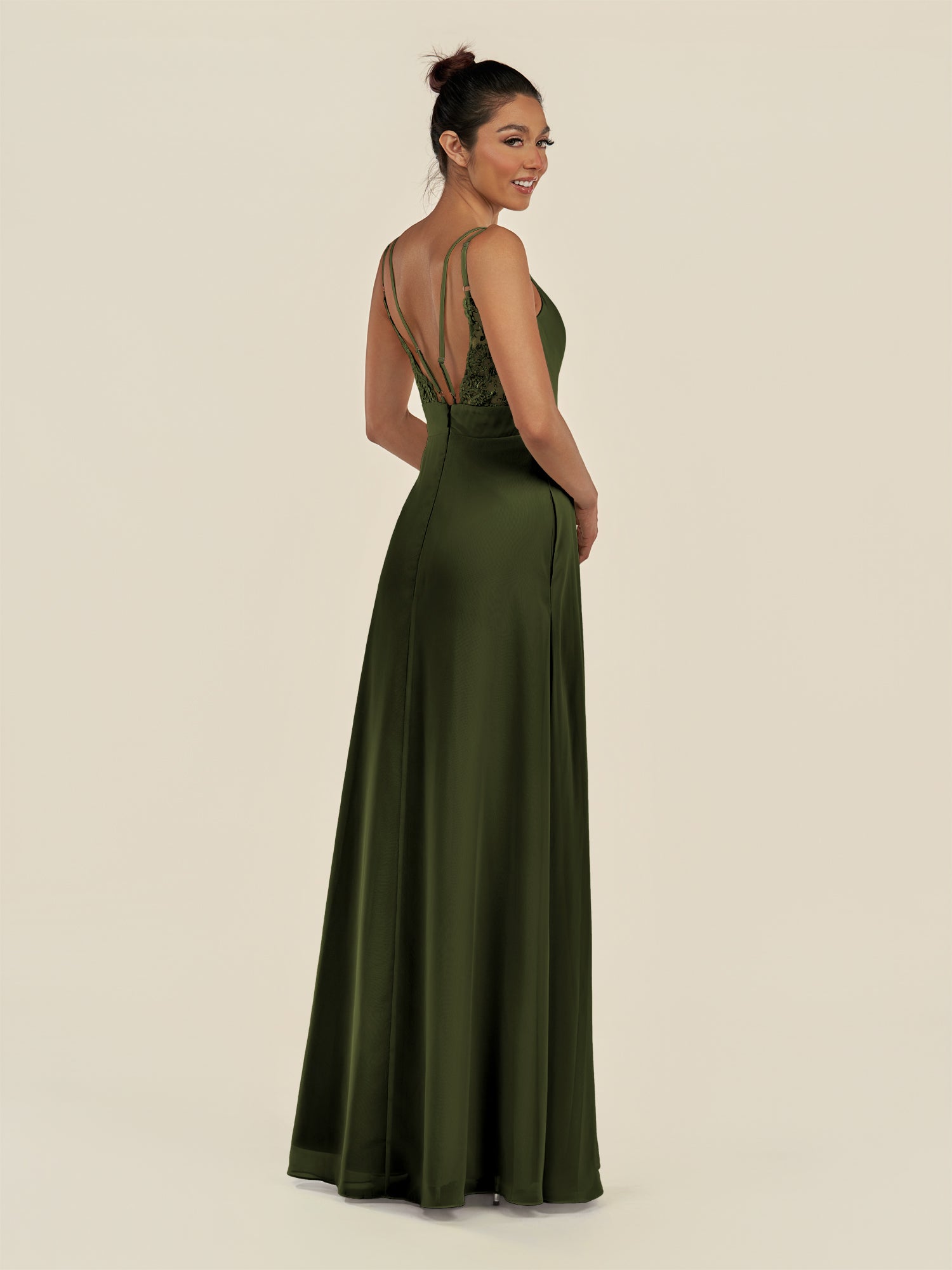 KissDress-Zyria Olive A Line Chiffon V Neck Ruched Long Bridesmaid Dress with Slit