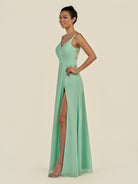 KissDress-Zyria Pale Pistachio A Line Chiffon V Neck Ruched Long Bridesmaid Dress with Slit