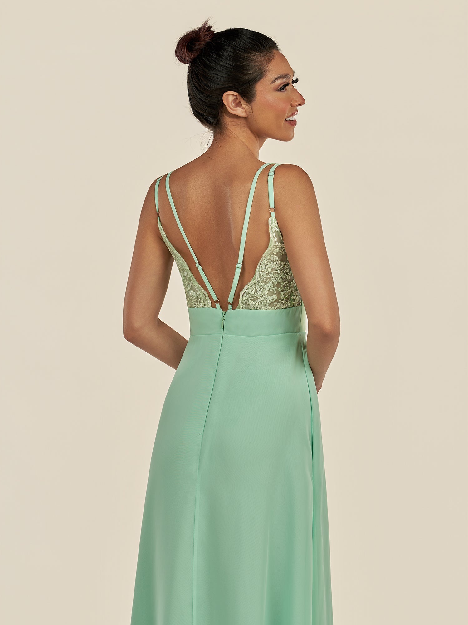KissDress-Zyria Pale Pistachio A Line Chiffon V Neck Ruched Long Bridesmaid Dress with Slit