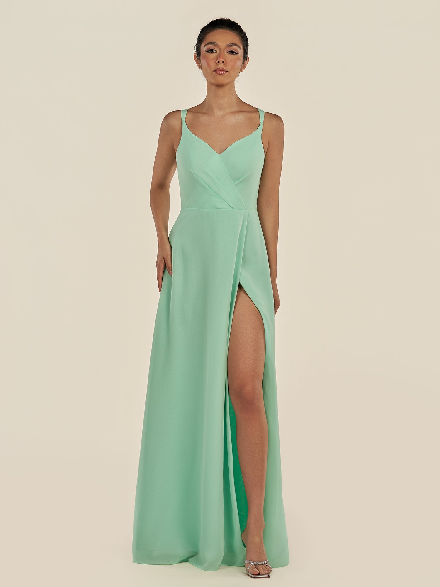 KissDress-Zyria Pale Pistachio A Line Chiffon V Neck Ruched Long Bridesmaid Dress with Slit