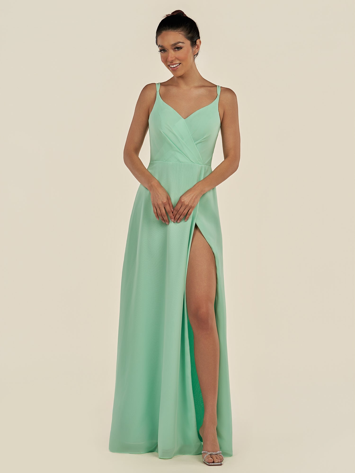KissDress-Zyria Pale Pistachio A Line Chiffon V Neck Ruched Long Bridesmaid Dress with Slit