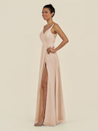 KissDress-Zyria Pale Blush A Line Chiffon V Neck Ruched Long Bridesmaid Dress with Slit