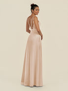 KissDress-Zyria Pale Blush A Line Chiffon V Neck Ruched Long Bridesmaid Dress with Slit