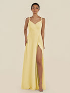 KissDress-Zyria Pastel Yellow A Line Chiffon V Neck Ruched Long Bridesmaid Dress with Slit