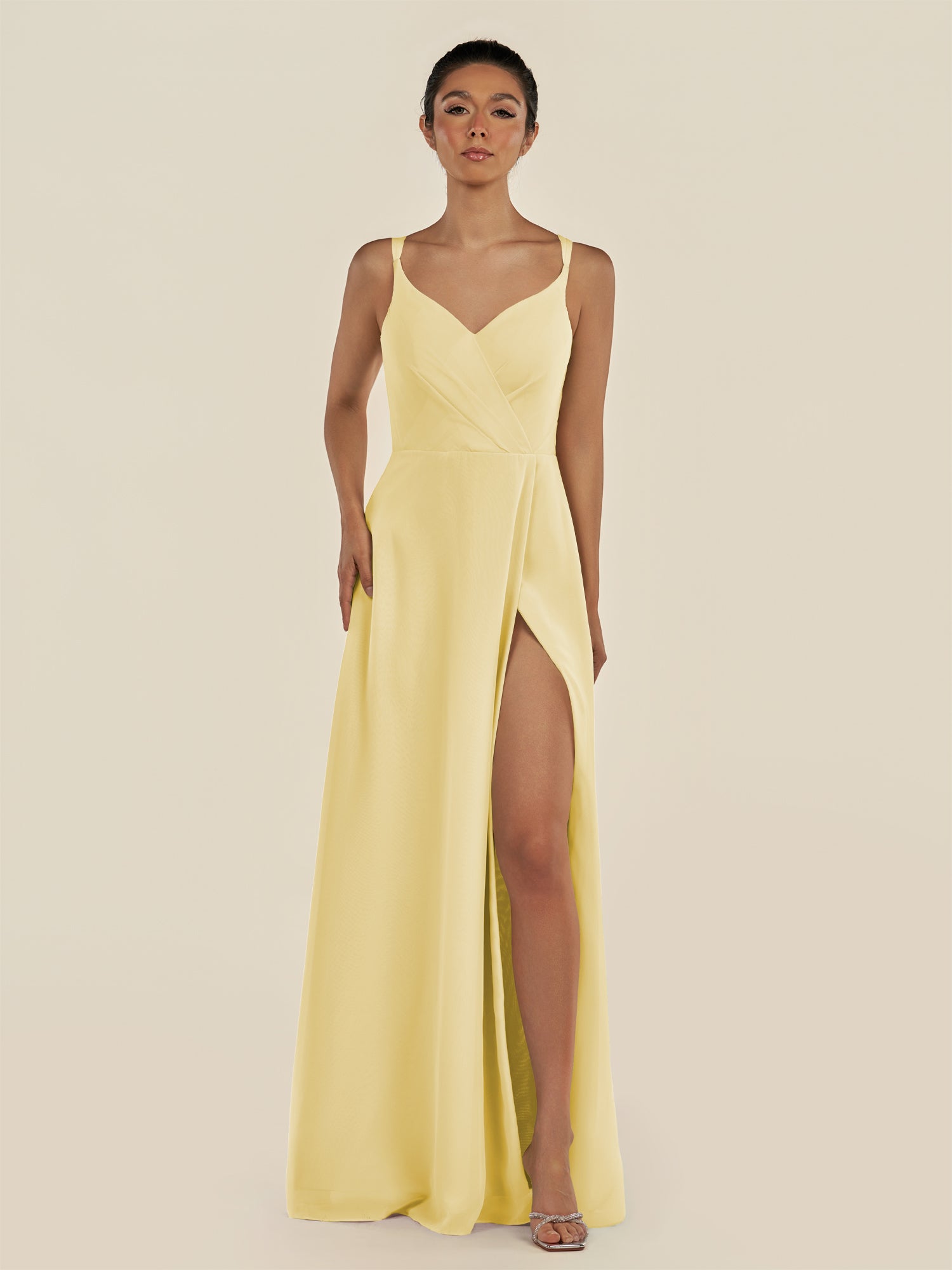 KissDress-Zyria Pastel Yellow A Line Chiffon V Neck Ruched Long Bridesmaid Dress with Slit