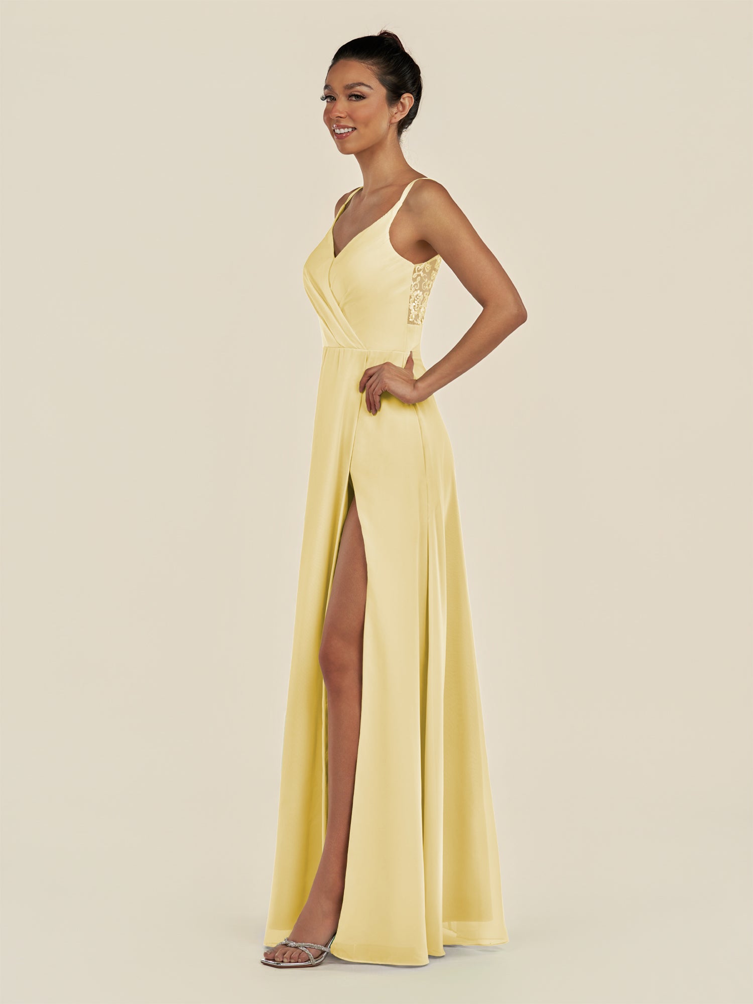 KissDress-Zyria Pastel Yellow A Line Chiffon V Neck Ruched Long Bridesmaid Dress with Slit