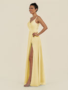 KissDress-Zyria Pastel Yellow A Line Chiffon V Neck Ruched Long Bridesmaid Dress with Slit