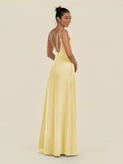 KissDress-Zyria Pastel Yellow A Line Chiffon V Neck Ruched Long Bridesmaid Dress with Slit