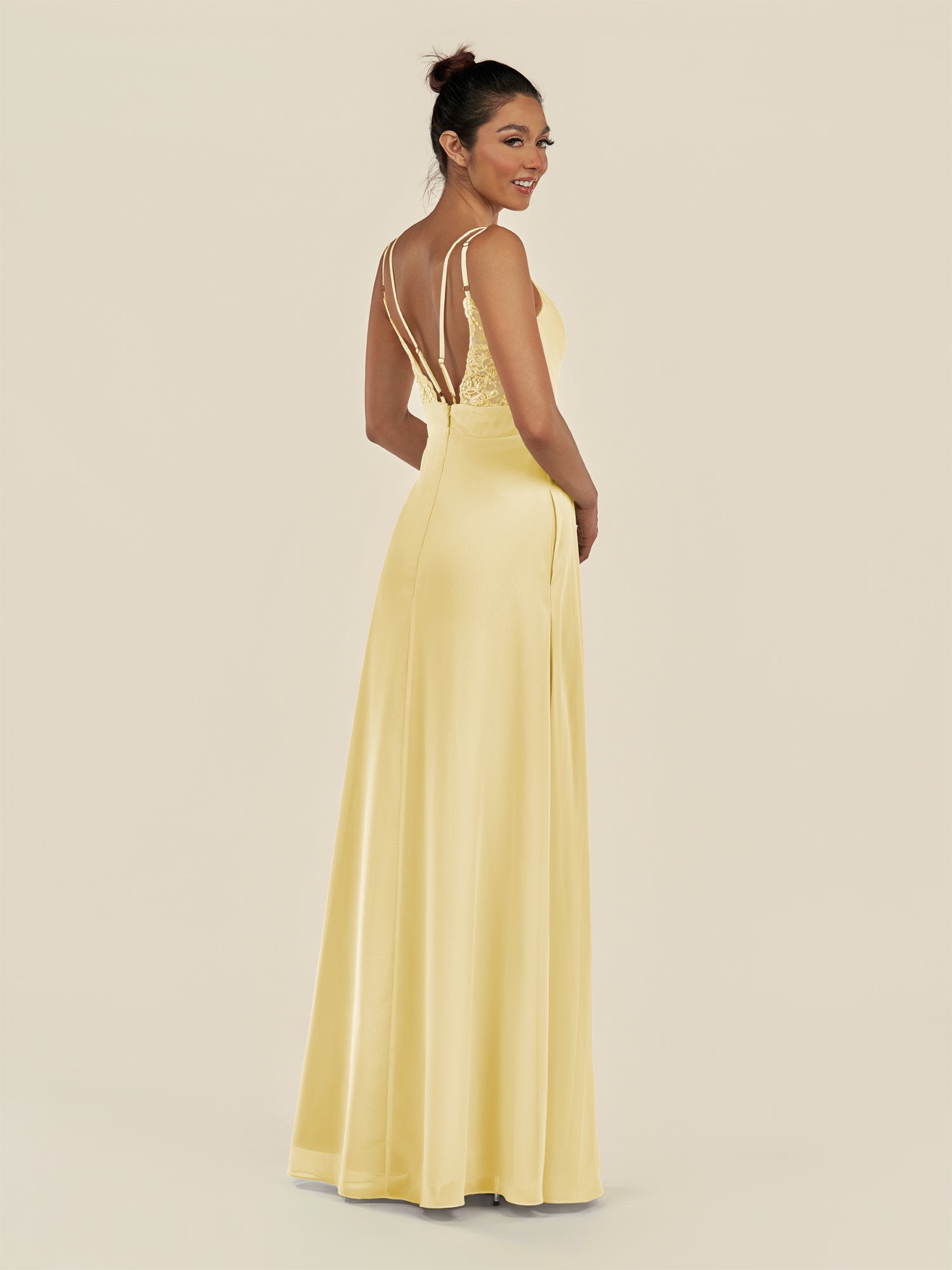 KissDress-Zyria Pastel Yellow A Line Chiffon V Neck Ruched Long Bridesmaid Dress with Slit