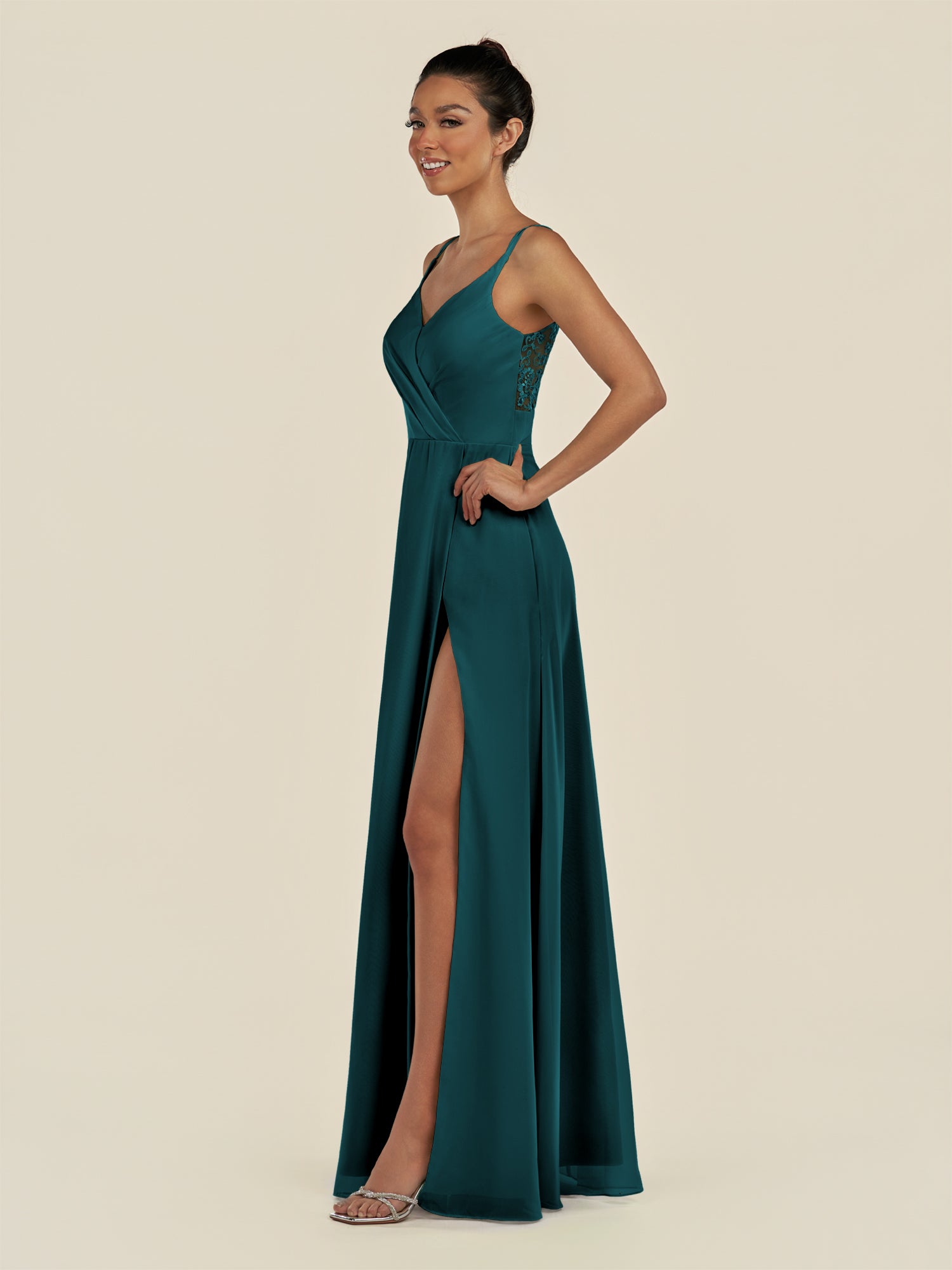 KissDress-Zyria Pine A Line Chiffon V Neck Ruched Long Bridesmaid Dress with Slit