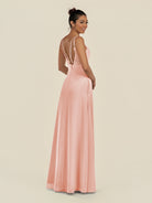 KissDress-Zyria Rose Petal A Line Chiffon V Neck Ruched Long Bridesmaid Dress with Slit