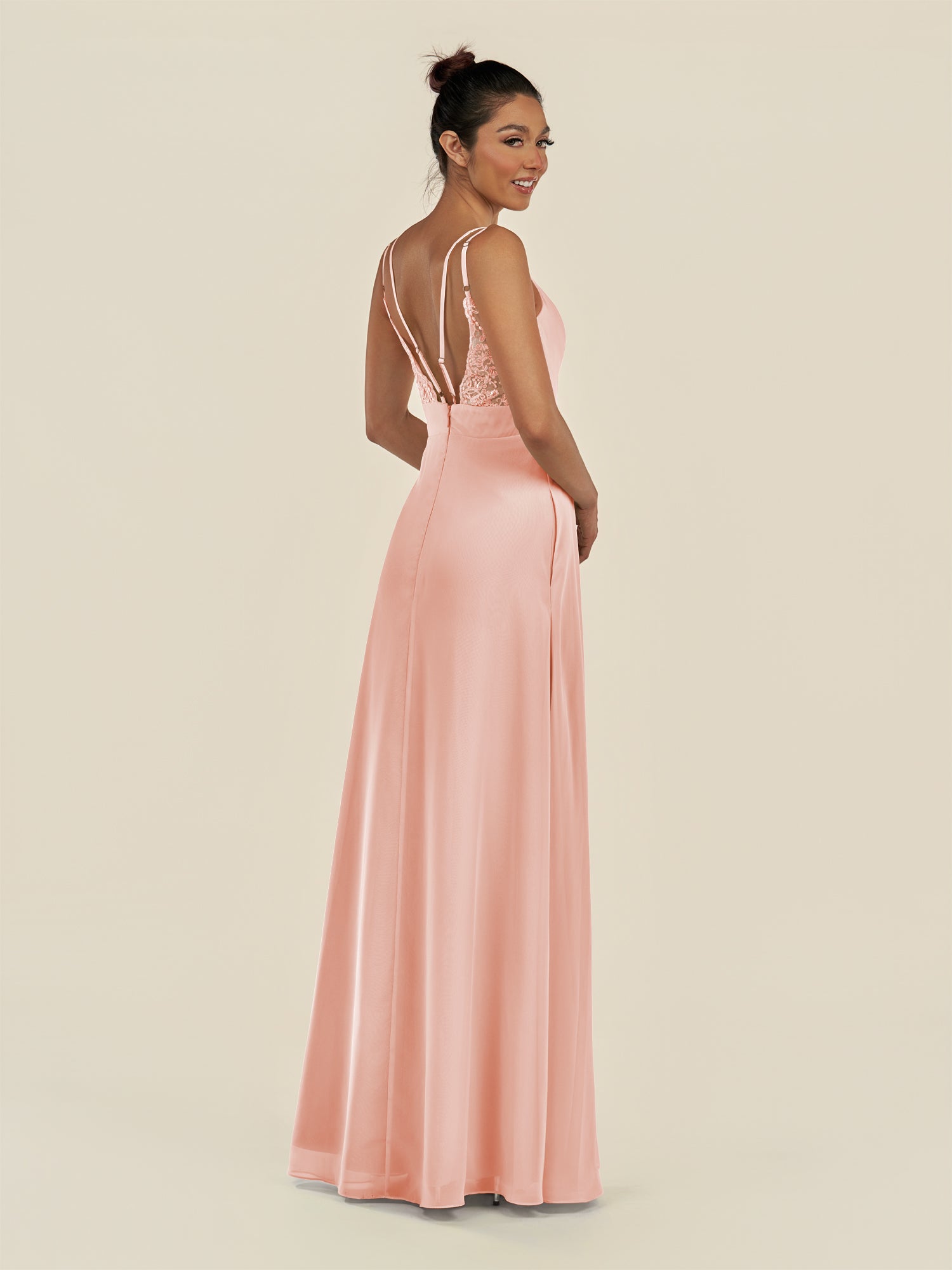 KissDress-Zyria Rose Petal A Line Chiffon V Neck Ruched Long Bridesmaid Dress with Slit