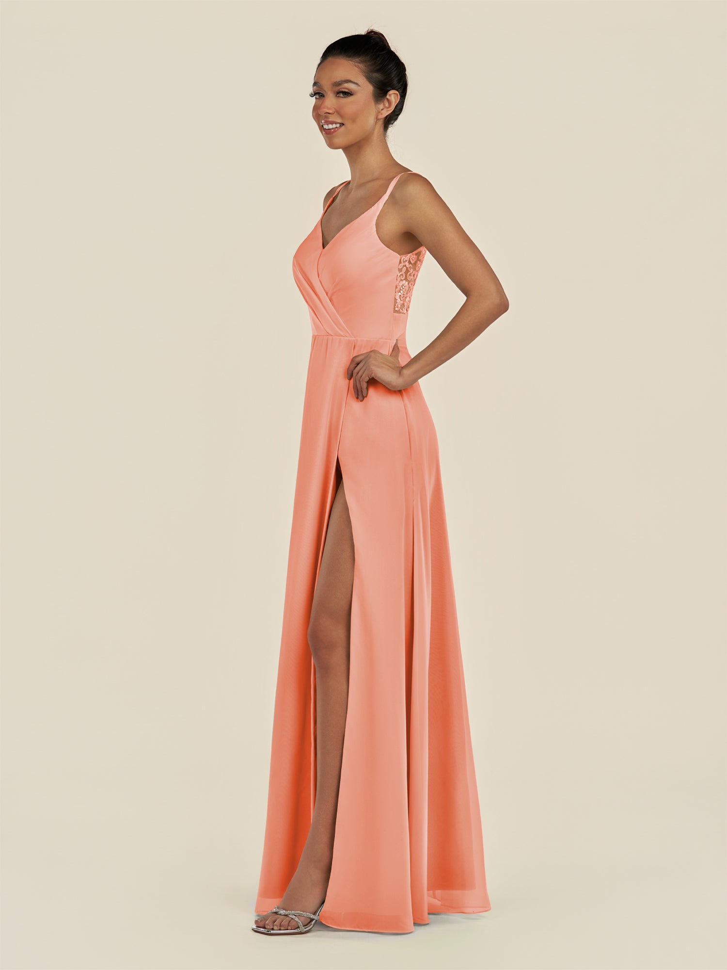 KissDress-Zyria Rosette A Line Chiffon V Neck Ruched Long Bridesmaid Dress with Slit