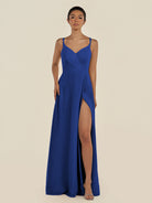 KissDress-Zyria Royal Blue A Line Chiffon V Neck Ruched Long Bridesmaid Dress with Slit