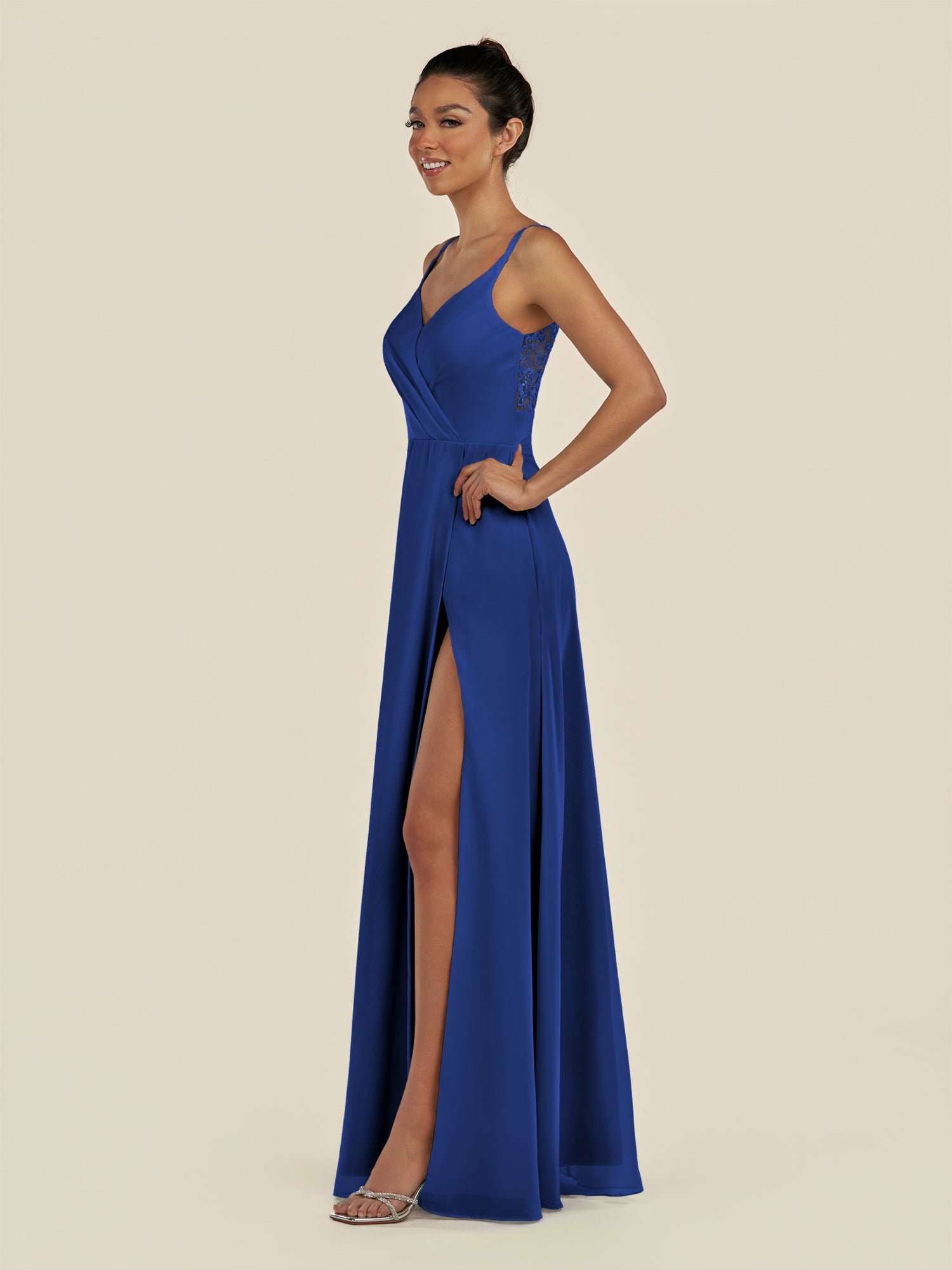 KissDress-Zyria Royal Blue A Line Chiffon V Neck Ruched Long Bridesmaid Dress with Slit