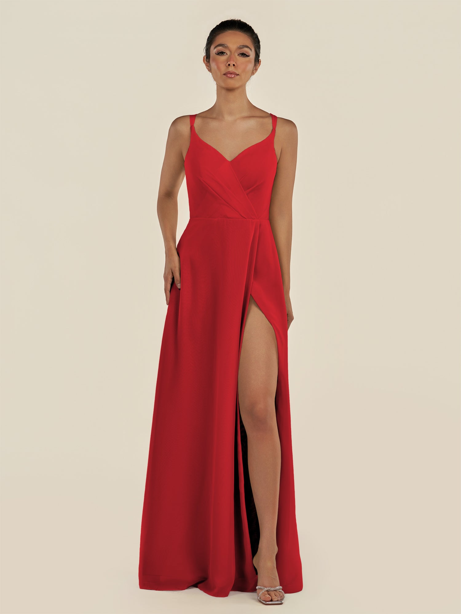 KissDress-Zyria Ruby Red A Line Chiffon V Neck Ruched Long Bridesmaid Dress with Slit