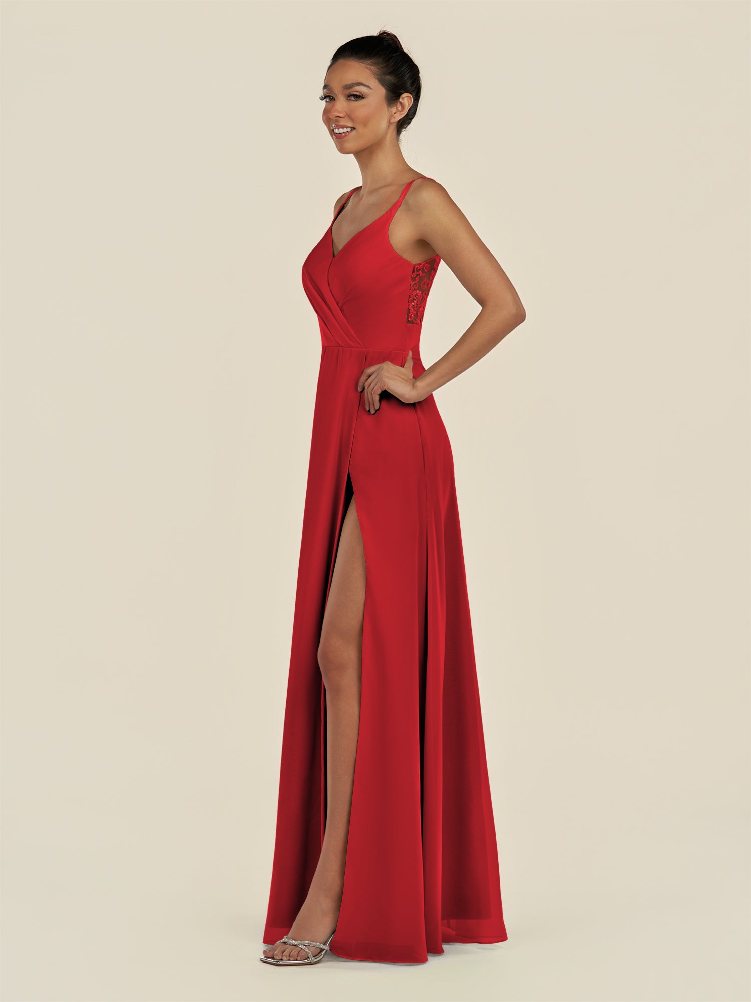 KissDress-Zyria Ruby Red A Line Chiffon V Neck Ruched Long Bridesmaid Dress with Slit