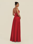 KissDress-Zyria Ruby Red A Line Chiffon V Neck Ruched Long Bridesmaid Dress with Slit