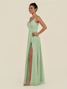 KissDress-Zyria Sage A Line Chiffon V Neck Ruched Long Bridesmaid Dress with Slit