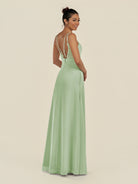 KissDress-Zyria Sage A Line Chiffon V Neck Ruched Long Bridesmaid Dress with Slit