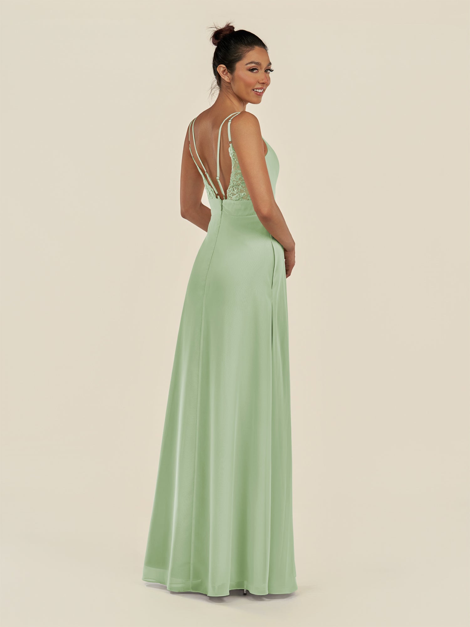 KissDress-Zyria Sage A Line Chiffon V Neck Ruched Long Bridesmaid Dress with Slit
