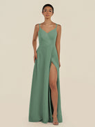 KissDress-Zyria Sea Glass A Line Chiffon V Neck Ruched Long Bridesmaid Dress with Slit