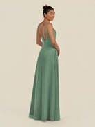KissDress-Zyria Sea Glass A Line Chiffon V Neck Ruched Long Bridesmaid Dress with Slit